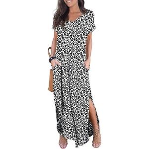 Anyjoin Women's Casual Loose Pocket Long Dress Short Sleeve Split Maxi Dress